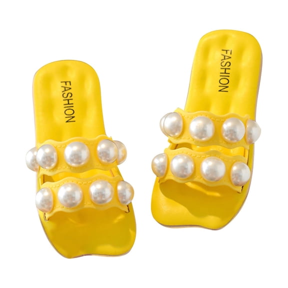 ZACPNCV Girl's Bow Open Toe Slip on Slippers PU Leather Slides Flat Sandals Yellow 9-10 Years