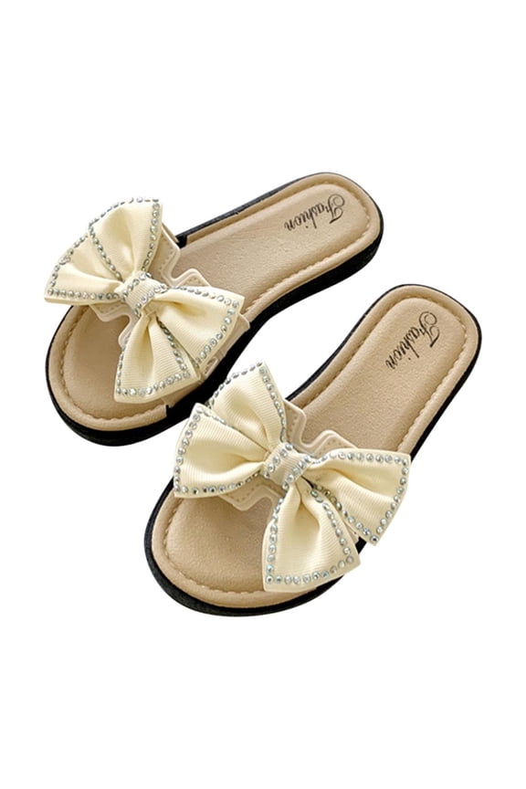 Girl's Bow Slip on Slippers Open Toe Braided Slides Flat Sandals Beige 2-2.5 Years