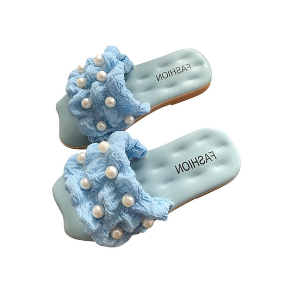 ZACPNCV Girl's Bow Slip on Slippers Open Toe Braided Slides Flat Sandals Blue 7.5-9 Years