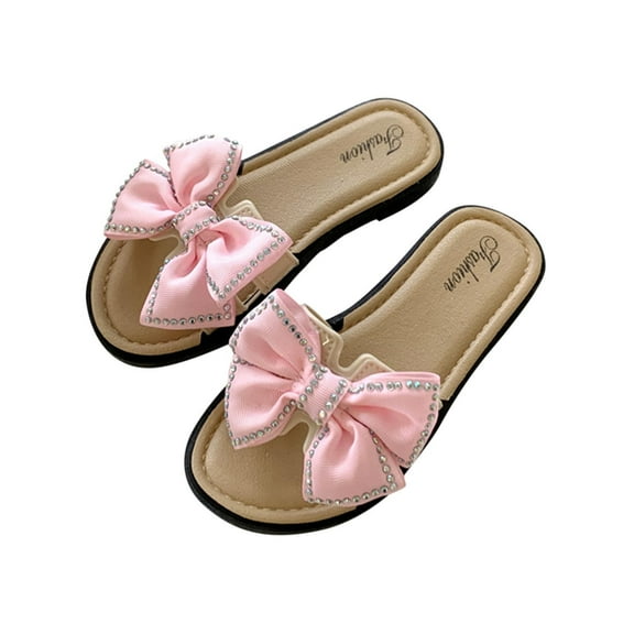 ZACPNCV Girl's Bow Slip on Slippers Open Toe Braided Slides Flat Sandals Pink 6-6.5 Years