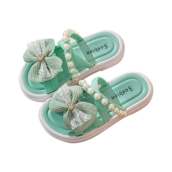 ZACPNCV Girl's Cute Bowknot Square Open Toe Slide Sandals Summer Leather Slippers Green 2.5-3.5 Years