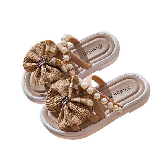 ZACPNCV Girl's Cute Bowknot Square Open Toe Slide Sandals Summer Leather Slippers Khaki 7.5-9 Years