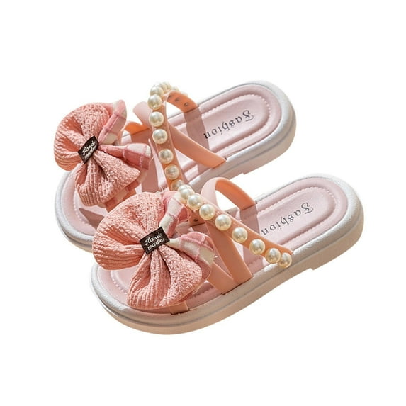 ZACPNCV Girl's Cute Bowknot Square Open Toe Slide Sandals Summer Leather Slippers Pink 5.5-7.5 Years