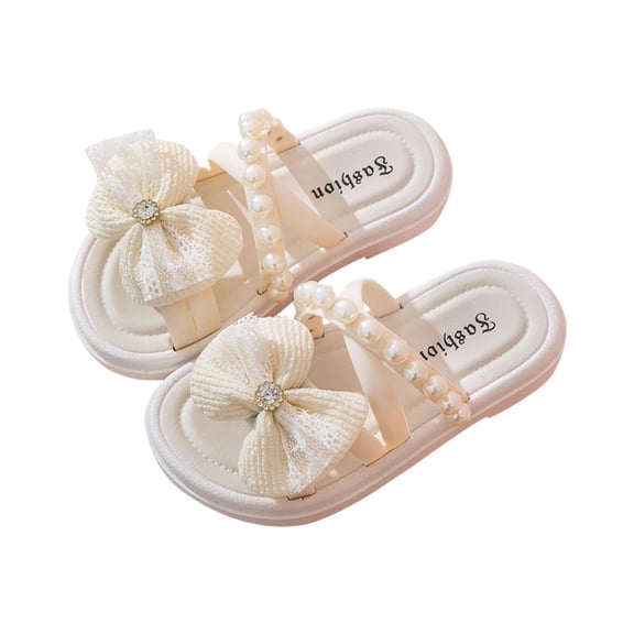 ZACPNCV Girl's Cute Bowknot Square Open Toe Slide Sandals Summer Leather Slippers White 2-3 Years
