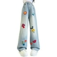 thumbnail image 1 of ZACPNCV Girl's Cute Ripped Jeans Elastic Waist Bow Print Wide Leg Baggy Demin Pants Preppy Clothes Multicolor 5-6 Years, 1 of 9