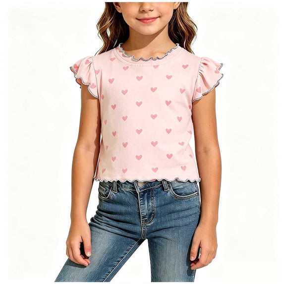 ZACPNCV Girl's Graphic T-Shirt Cute Graphic Tee Casual Polka Dot Ruffle Cap Sleeve Tank Tops Scalloped Crew Neck Summer Top Kids Ditsy Print Blouse A-Pink