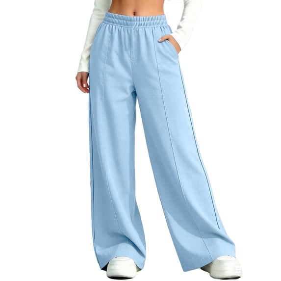 ZACPNCV Girl's Jeans Adjustable Elastic Waist Straight Wide Leg Denim Pants Trendy Streetwear Trousers Light Blue 7-8 Years