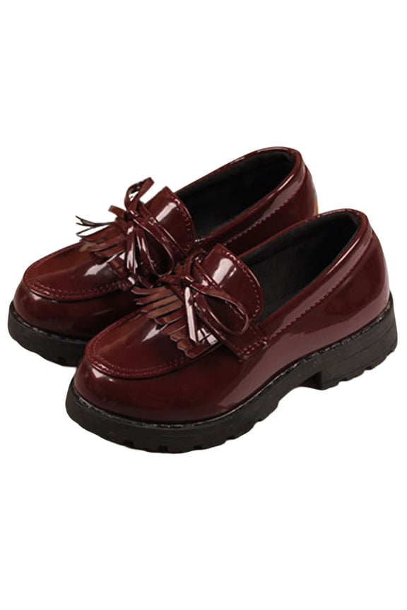 Girl's Loafers Slip On Chain Leather Flats Round Toe Wedding Church School Uniform Dress Shoes Red