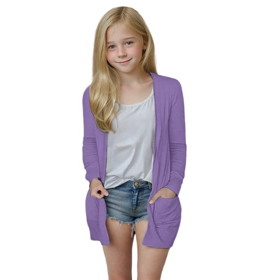 ZACPNCV Girl's Long Sleeve Cardigan Solid Comfy Cute Rash Guard Jackets Coat Teens Sun Beach Clothes Purple 10-12 Years