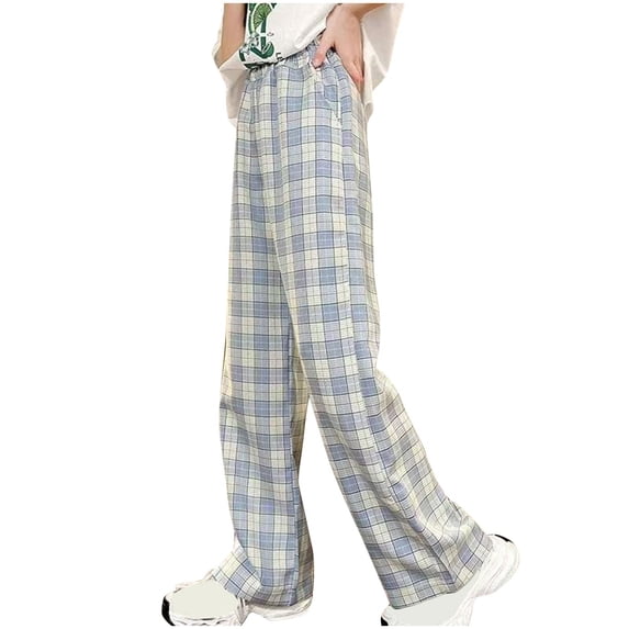 ZACPNCV Girl's Plaid Elastic Waist Pants Straight Leg Long Trousers Sky Blue 7-8 Years