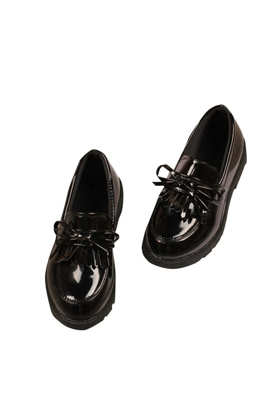 Girl's Platform Loafers Slip On Chain Chunky Heel Leather Flats Round Toe School Uniform Dress Shoes Black 5-6 Years