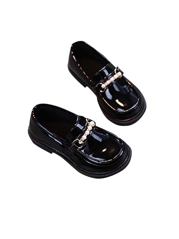 Girl's Platform Loafers Slip On Chain Chunky Heel Leather Flats Round Toe School Uniform Dress Shoes Black 6-7 Years