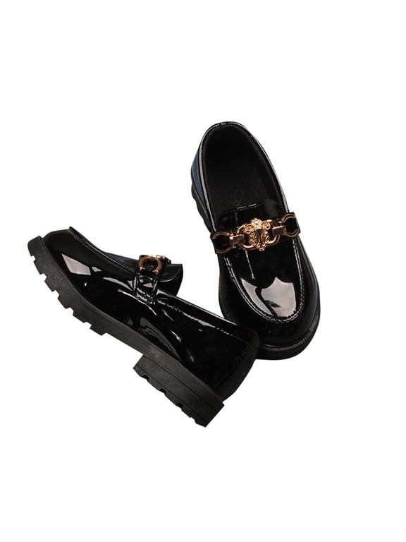 Girl's Platform Loafers Slip On Chain Chunky Heel Leather Flats Round Toe School Uniform Dress Shoes Black 6-7 Years