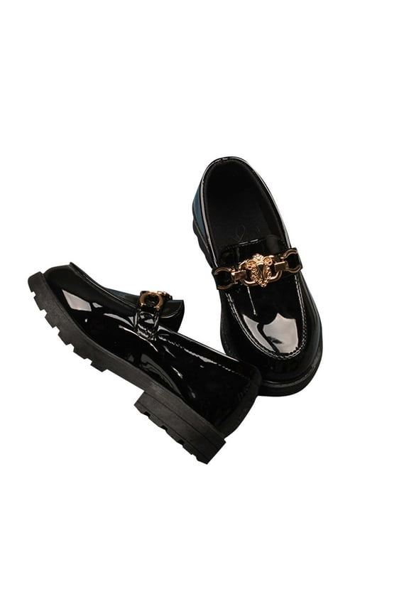 Girl's Platform Loafers Slip On Chain Chunky Heel Leather Flats Round Toe School Uniform Dress Shoes Black 9-10 Years