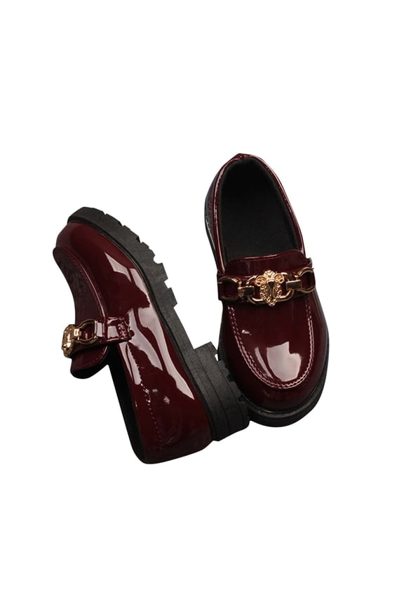Girl's Platform Loafers Slip On Chain Chunky Heel Leather Flats Round Toe School Uniform Dress Shoes Red 3-4 Years