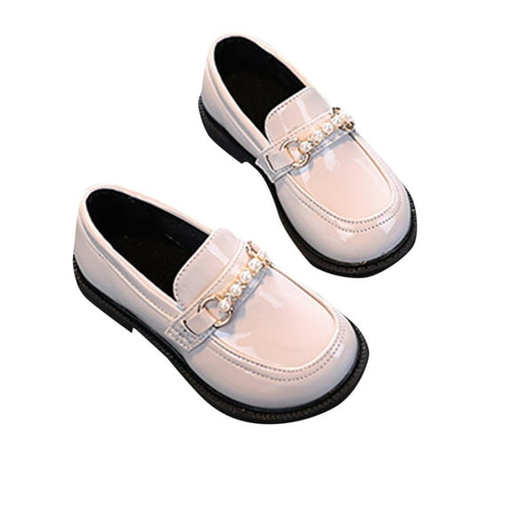 ZACPNCV Girl's Platform Loafers Slip On Chain Chunky Heel Leather Flats Round Toe School Uniform Dress Shoes White 2-3 Years