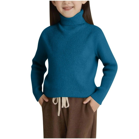 ZACPNCV Girl's Ribbed Turtleneck Cable Knitted Sweater Slim Fit Pullover Sweater for Kids Blue 5-6 Years