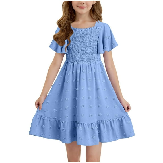 ZACPNCV Girl's Summer Dresses Smocked Flutter Sleeve A Line Sundresses Swing Mini Casual Party Dresses Blue 8-9 Years