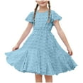 thumbnail image 1 of ZACPNCV Girl's Summer Dresses Smocked Flutter Sleeve A Line Sundresses Swing Mini Casual Party Dresses Light Blue 7-8 Years, 1 of 9