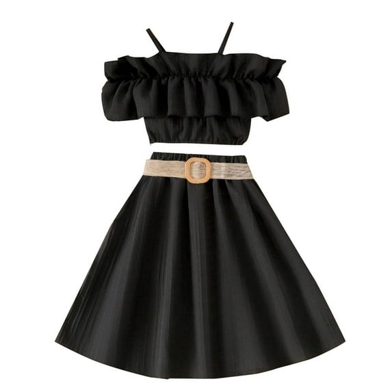 ZACPNCV Girl's Two Piece Summer Outfits Cold Shoulder Short Sleeve Crop Top Ruffle High Low Skirt Sets Beach Vacation Dress Black 10-11 Years
