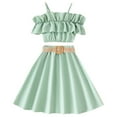 thumbnail image 1 of ZACPNCV Girl's Two Piece Summer Outfits Cold Shoulder Short Sleeve Crop Top Ruffle High Low Skirt Sets Beach Vacation Dress Green 6-7 Years, 1 of 5