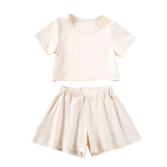 ZACPNCV Girls 2 Piece Outfit Summer Short Sleeve Tops and Paperbag Waist Shorts Set Cute Clothing Beige 4-5 Years