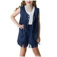 thumbnail image 1 of ZACPNCV Girls 2 Piece Outfits Fall Fringe Suede Vest and Shorts Set Tassel Sleeveless Jackets with High Waist Shorts Navy 9-10 Years, 1 of 9