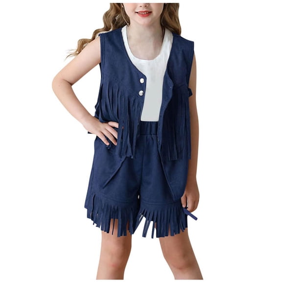 ZACPNCV Girls 2 Piece Outfits Fall Fringe Suede Vest and Shorts Set Tassel Sleeveless Jackets with High Waist Shorts Navy 9-10 Years