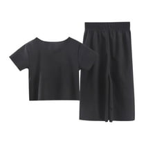 ZACPNCV Girls 2 Piece Outfits Kids Short Sleeve T Shirts Wide Leg Pants Clothing Sets Black 10-12 Years