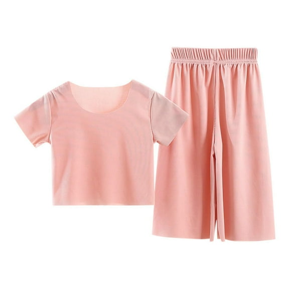 ZACPNCV Girls 2 Piece Outfits Kids Short Sleeve T Shirts Wide Leg Pants Clothing Sets Pink 10-12 Years