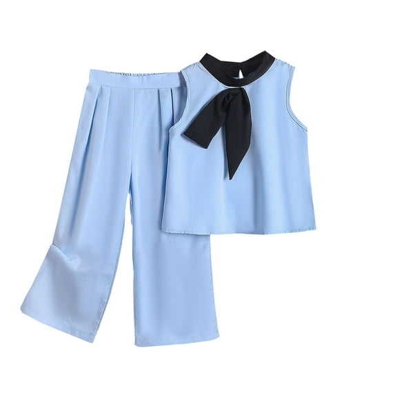 ZACPNCV Girls 2 Piece Outfits Sleeveless Button Down V Neck Vest with Pants Set Summer Clothes Blue 5-6 Years