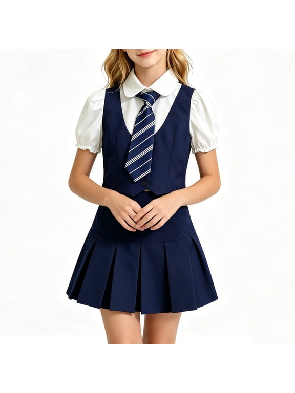 Girls 2-Piece School Set Uniform Preppy Performance Outfit Faux 2 Piece Puff Short Sleeve Blouse with Tie & Elastic High-Waisted Pleated Skirt 2-3Years A-Blue