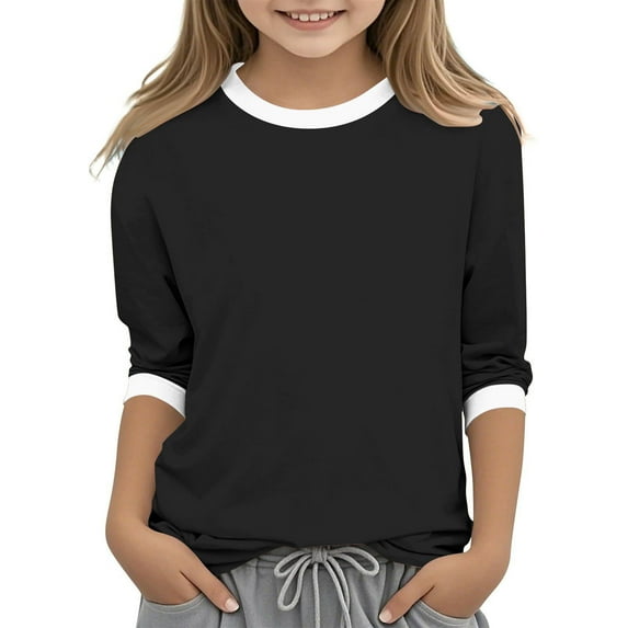 ZACPNCV Girls 3/4 Sleeve Sleeve T Shirts Kids Summer Oversized Tops Casual Crewneck Solid Color Basic Tees Black 7-8 Years
