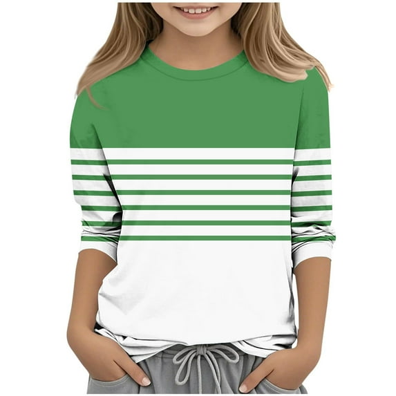 ZACPNCV Girls 3/4 Sleeve Striped T-Shirts Boys Colorblock Casual Loose Basic Crew Neck Summer Tops for Kids Green 3-4 Years