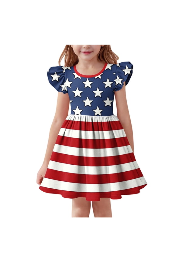 Girls 4th of July Dress Toddler Girl USA Flag Dresses Flutter Sleeve Patriotic Clothes Independence Day Outfits Blue 9-10 Years