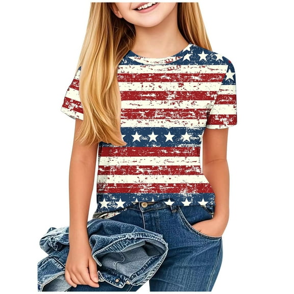 ZACPNCV Girls 4th of July T-Shirt Short Sleeve Flag Graphic Tees Shirts Summer Patriotic Tops Independence Day Clothes Blue 11-12 Years