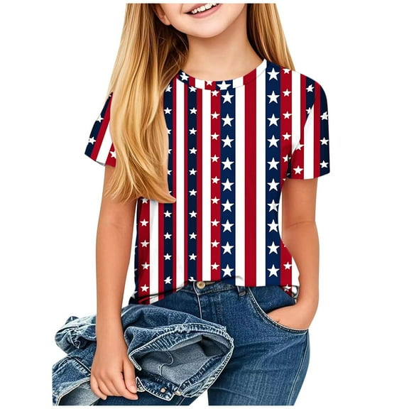 ZACPNCV Girls 4th of July T-Shirt Short Sleeve Flag Graphic Tees Shirts Summer Patriotic Tops Independence Day Clothes Blue 4-5 Years
