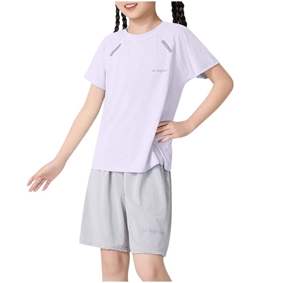 ZACPNCV Girls Athletic Shirts Short Sleeve Quick Dry T-Shirt Basic Tee Tops for Kids Teens Sports Activewear Purple 5-6 Years