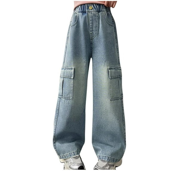 ZACPNCV Girls Baggy Jeans Streetwear Denim Cargo Pants High Waist Casual Wide Leg Pants with Multi Pockets 7-8 Years