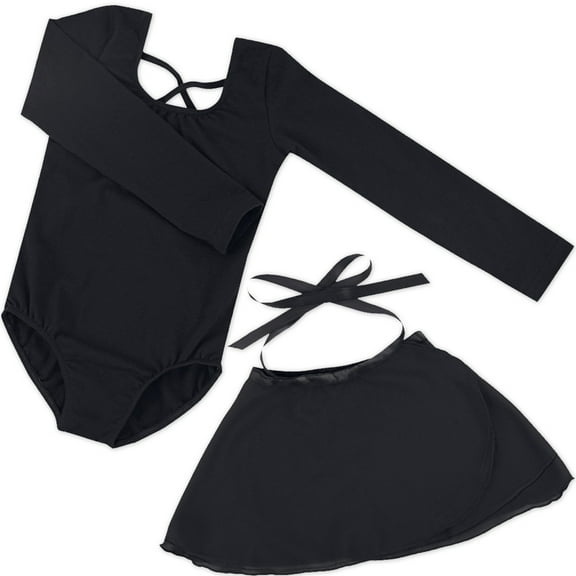ZACPNCV Girls Ballet Dance Leotards with Long Sleeve Gauze Skirt and Bowknot Back Black 12-13 Years