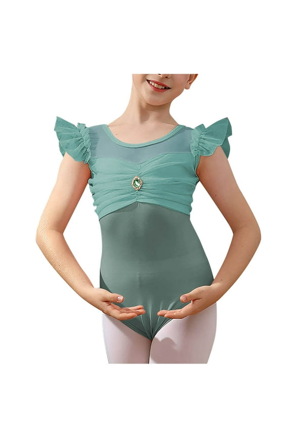 Girls Ballet Leotards Dance Leotards Ruffle Short Sleeve Gymnastics Outfits Green 2-3 Years