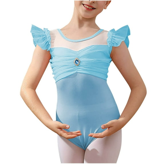 ZACPNCV Girls Ballet Leotards Dance Leotards Ruffle Short Sleeve Gymnastics Outfits Light Blue 3-4 Years