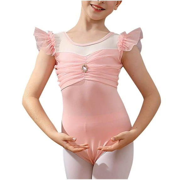 ZACPNCV Girls Ballet Leotards Dance Leotards Ruffle Short Sleeve Gymnastics Outfits Pink 5-6 Years