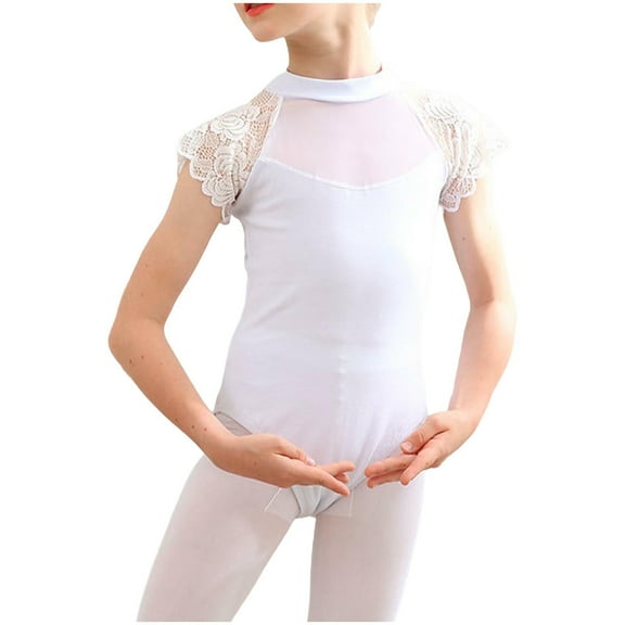 ZACPNCV Girls Ballet Leotards Dance Leotards Ruffle Short Sleeve Gymnastics Outfits White 5-6 Years
