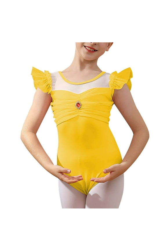 Girls Ballet Leotards Dance Leotards Ruffle Short Sleeve Gymnastics Outfits Yellow 7-8 Years