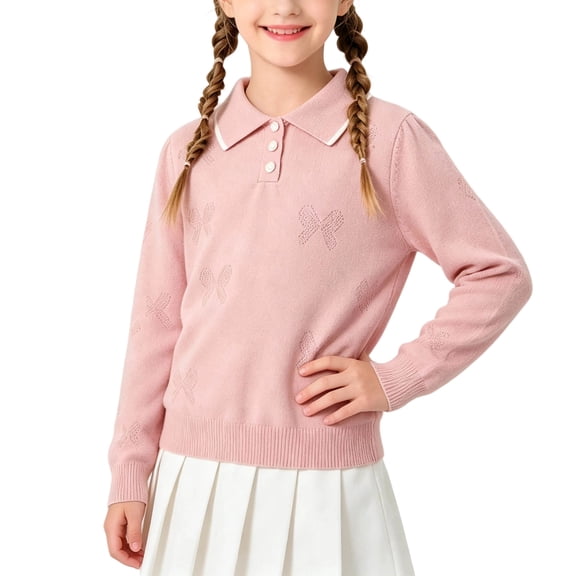 ZACPNCV Girls Bow Jacquard Collared Knit Sweater Fall Winter Fashion Long Sleeve Pullover Top, Warm Versatile Knit Jumper B-Pink