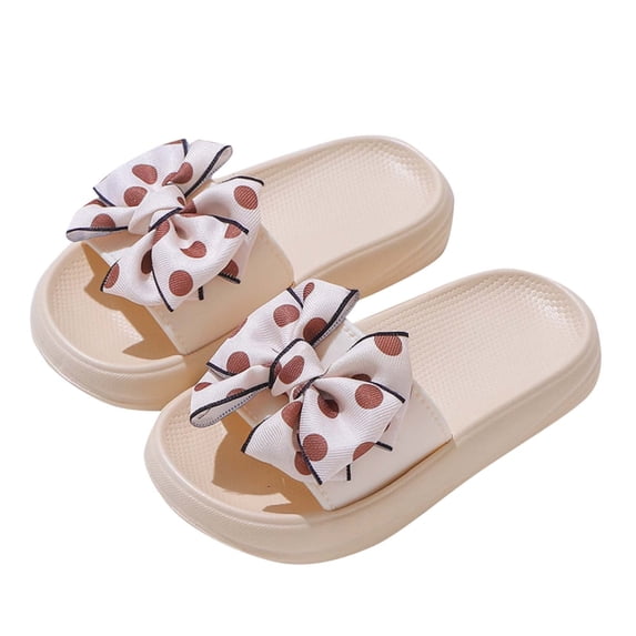 ZACPNCV Girls Bow Slippers Summer Flip Flops Cushion Thick Sole Large Bow Platform Cloud Slides Home Sandals Beige 6-7 Years