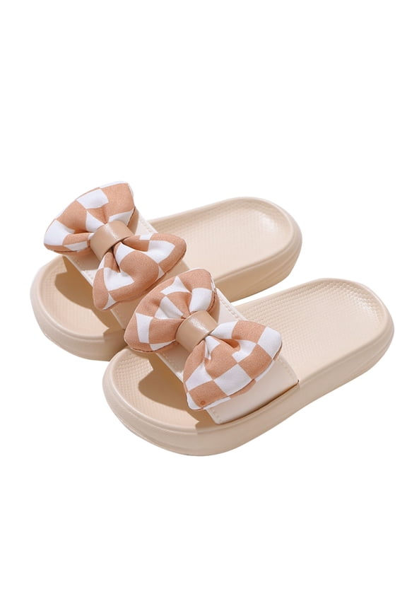 Girls Bow Slippers Summer Flip Flops Cushion Thick Sole Large Bow Platform Cloud Slides Home Sandals Khaki 10-11 Years