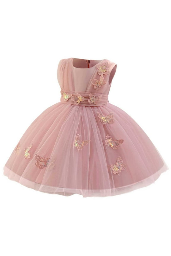 Girls Butterflies Tulle Dress Princess Embroidery Birthday Pageant Party Flower Girl Wedding Ball Gowns Pink 12-18 Months
