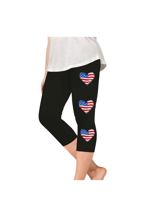 Girls Capri Leggings Independence Day Print High Waist Kids Leggings Athletic Sports Workout Dance Tights Cropped Pants Black 5-6 Years
